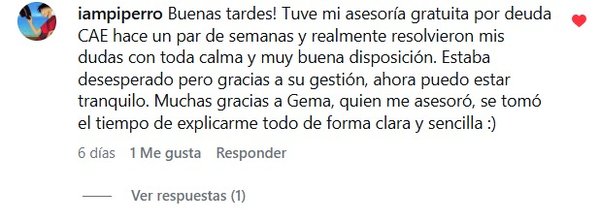 Testimonio de iampiperro en Instagram